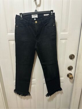Frame Denim Black Cropped Fringe-Hem Jeans